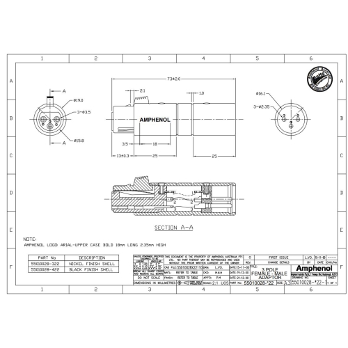 Amphenol AC3F3MBW Переходник-адаптер XLR-папа (male) 3pin - XLR-мама (female) 3pin