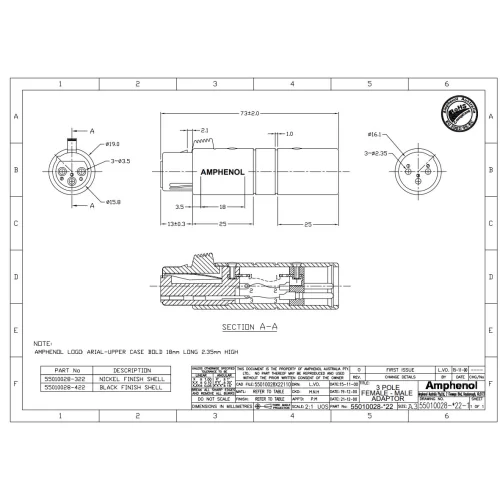 Amphenol AC3F3MBW Переходник-адаптер XLR-папа (male) 3pin - XLR-мама (female) 3pin