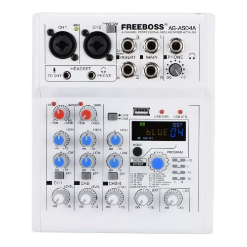 Freeboss AG-AS04A 4-канальный микшерный пульт, FX, MP3, Bluetooth