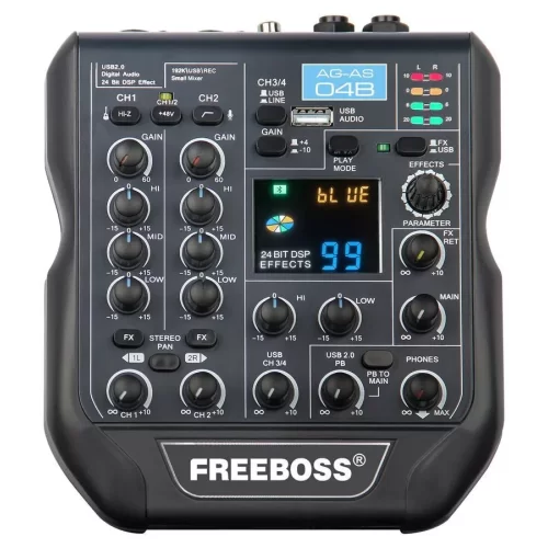 Freeboss AG-AS04B 4-канальный микшерный пульт, FX, MP3, Bluetooth