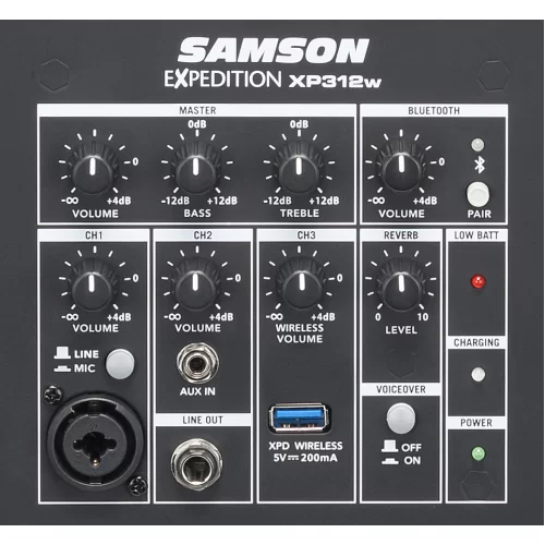 Samson XP312W Портативная АС, 300 Вт., 12", Bluetooth, радиомикрофон, на колёсах